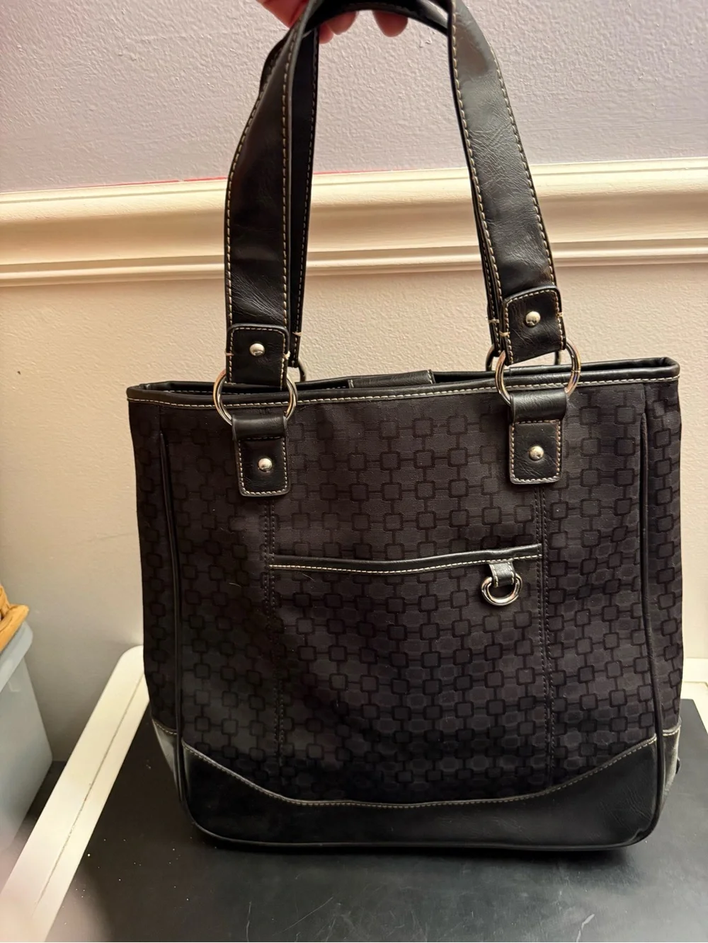 Vintage Nine West Black Leather Tote with Branded Metal Plate